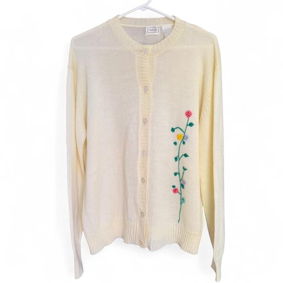 Vintage cream Melody Embroidered flower cardigan size 42 fits XL - Picture 1 of 8